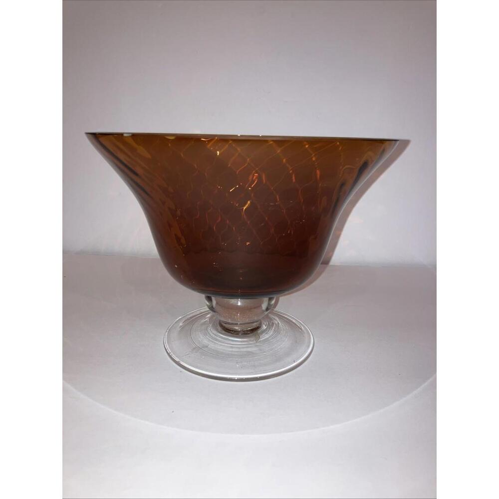 Vintage Hand Blown Art Glass Pedestal Compote Amber Brown Ribbed Swirl Bowl